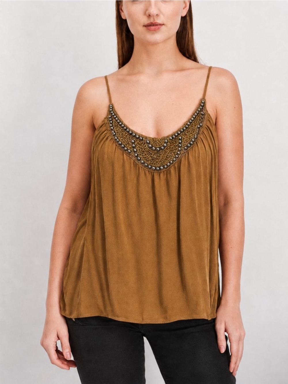 Rust Caramel Beaded Boho Flowy Cami
